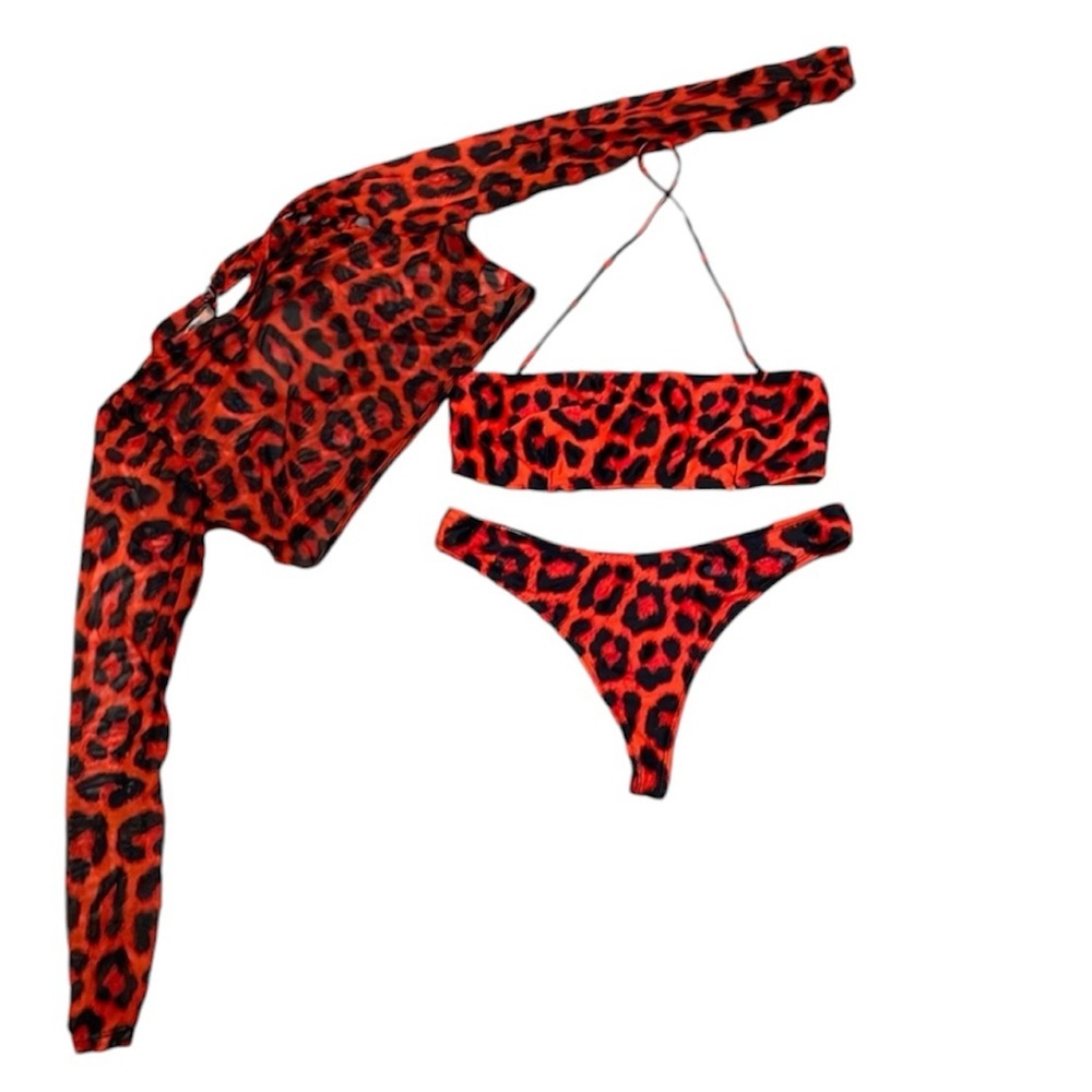 3 Piece Red and Black Animal Print High Waist Thong Swimsuit - Picture 3 of 8
